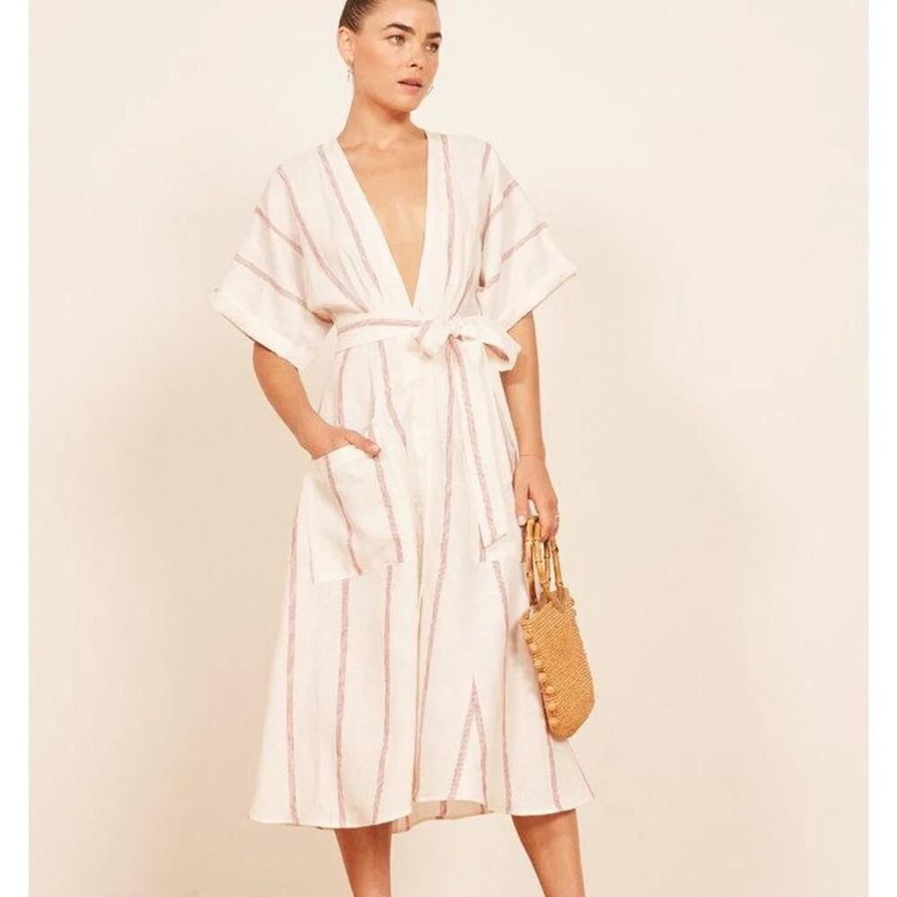 NWT • Reformation Red and Cream Geneva Dress Linen Size: 0